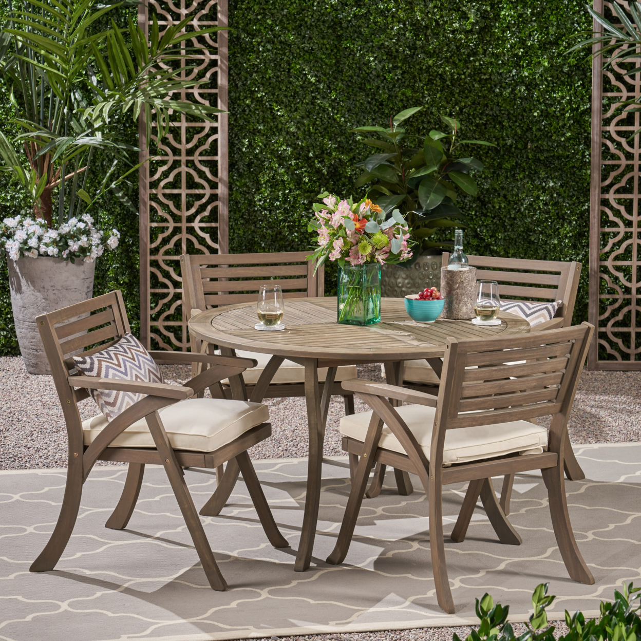 Chloe Outdoor 5 Piece Acacia Wood Dining Set With Round Table
