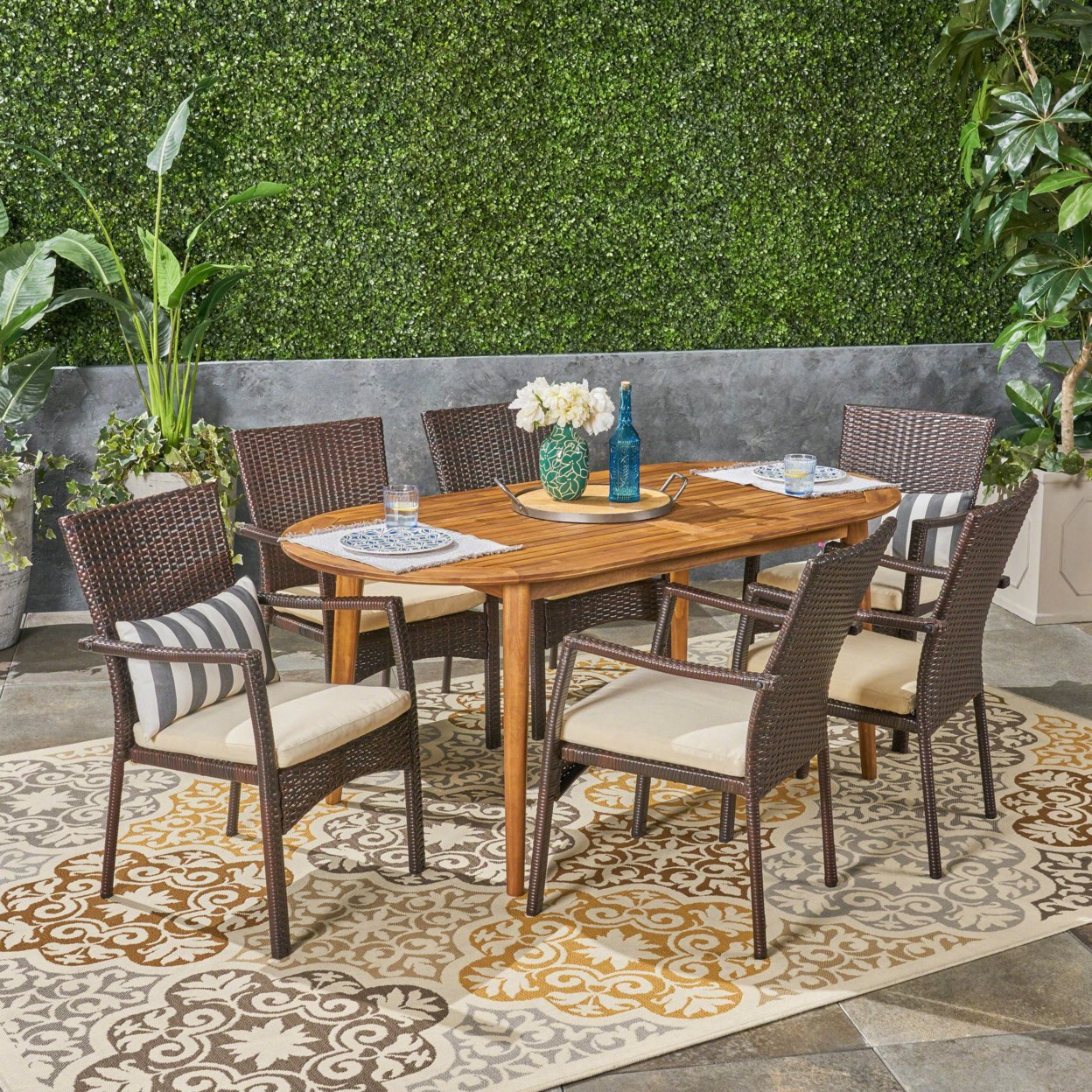 Stanford Outdoor 7-Piece Acacia Wood Dining Set With Wicker Chairs - Teak Finish + Brown + Cream