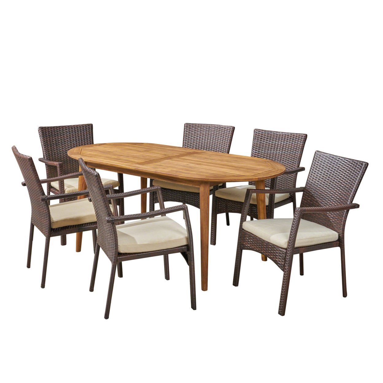Stanford Outdoor 7-Piece Acacia Wood Dining Set With Wicker Chairs - Teak Finish + Brown + Cream