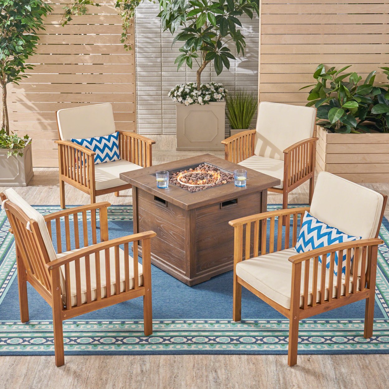 Carol Outdoor 4-Seater Acacia Wood Club Chairs With Firepit - Brown Patina Finish + Cream + Brown + Wood Pattern