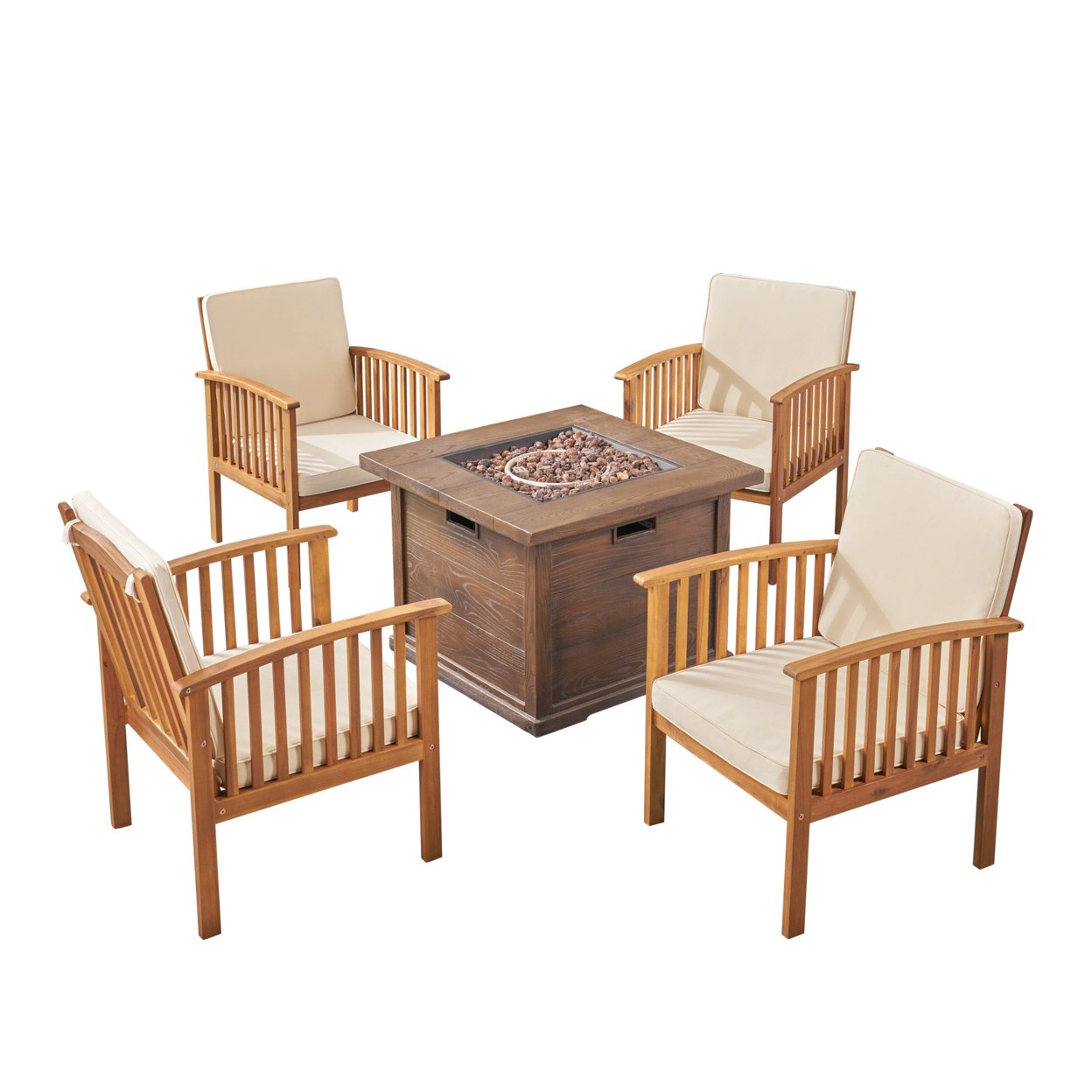 Carol Outdoor 4-Seater Acacia Wood Club Chairs With Firepit - Brown Patina Finish + Cream + Brown + Wood Pattern