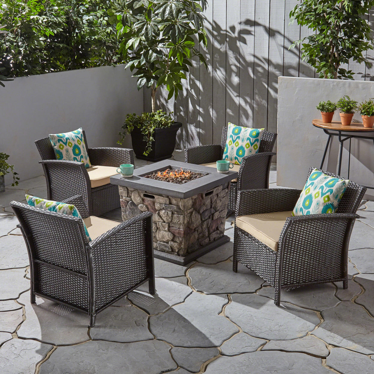 Abigail Outdoor 4 Piece Wicker Club Chair Chat Set With Fire Pit - Brown + Tan + Stone