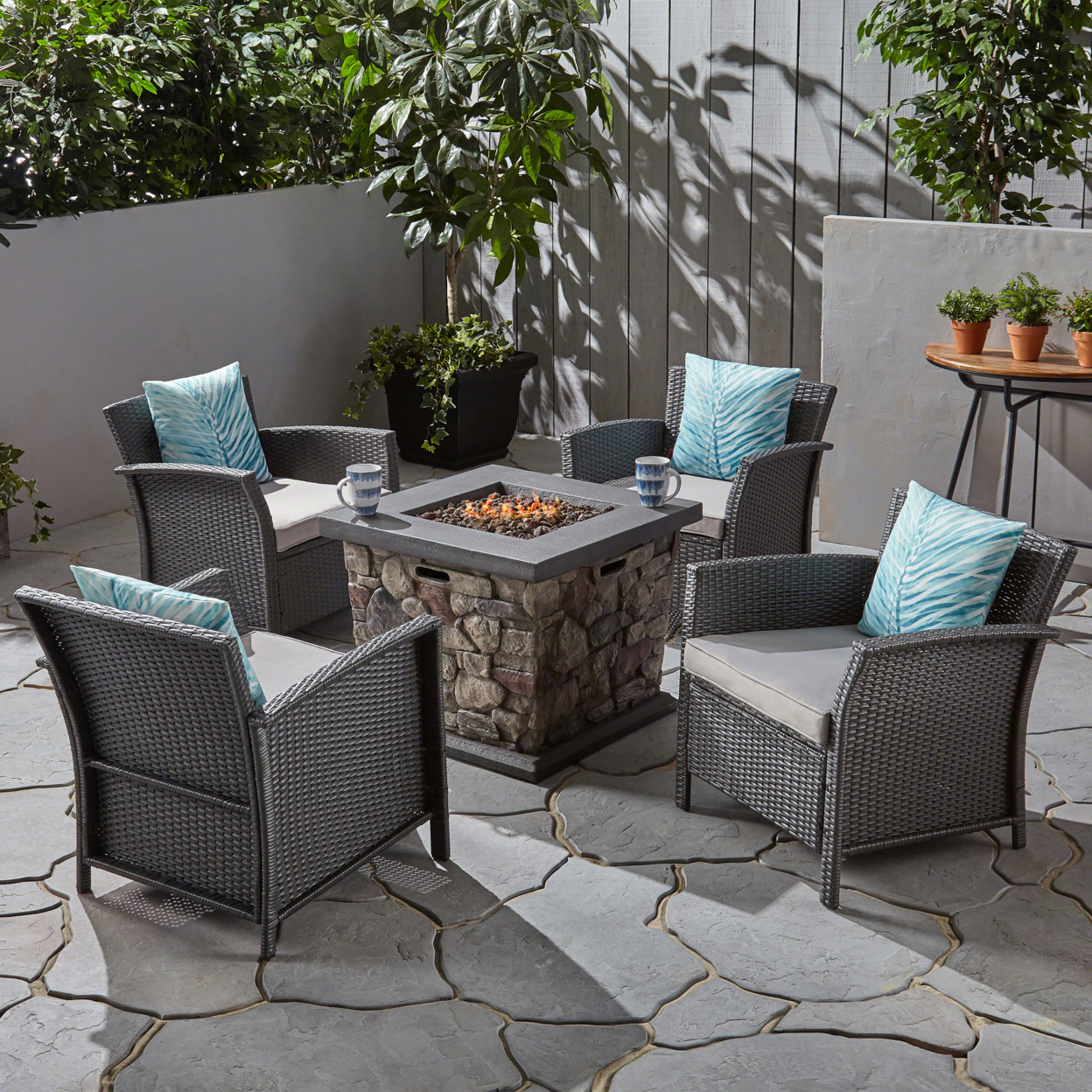 Abigail Outdoor 4 Piece Wicker Club Chair Chat Set With Fire Pit - Gray + Silver + Stone