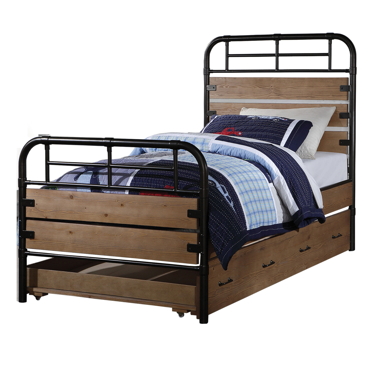 Industrial Style Metal And Wood Twin Size Bed With Slated Headboard, Black And Brown- Saltoro Sherpi
