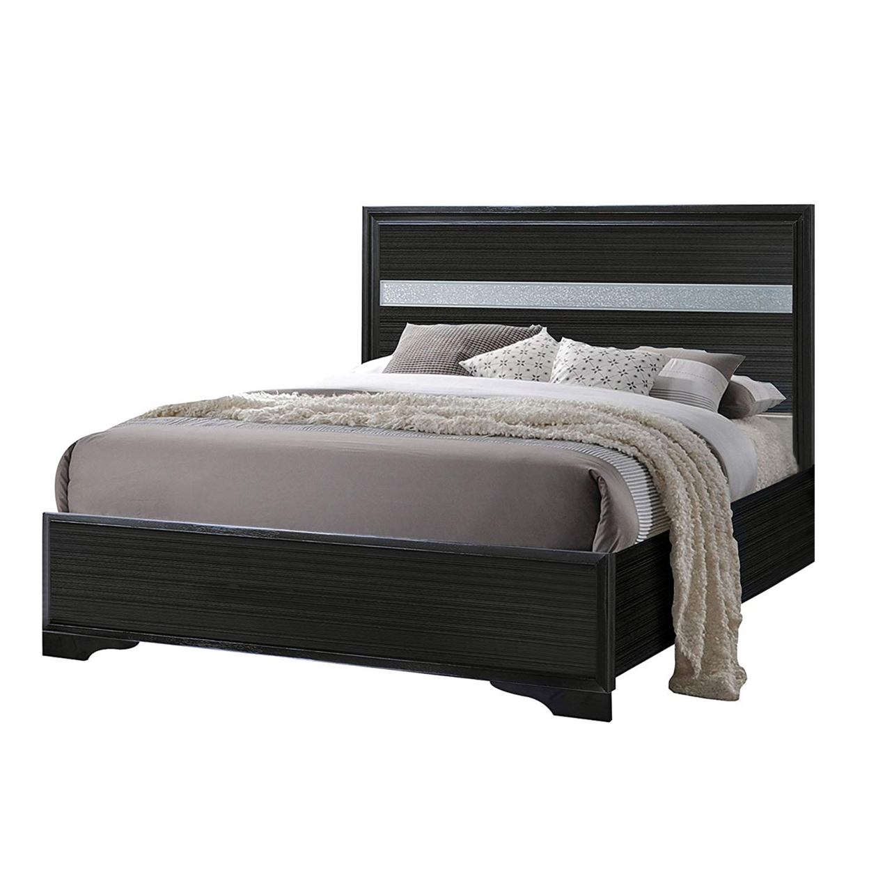Wooden Twin Size Bed With Bracket Legs And Crystal Accented Headboard, Black- Saltoro Sherpi