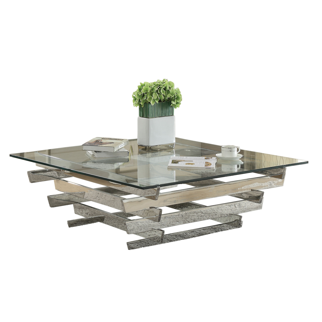 Glass Top Coffee Table With Asymmetrical Metal Base, Silver And Clear- Saltoro Sherpi