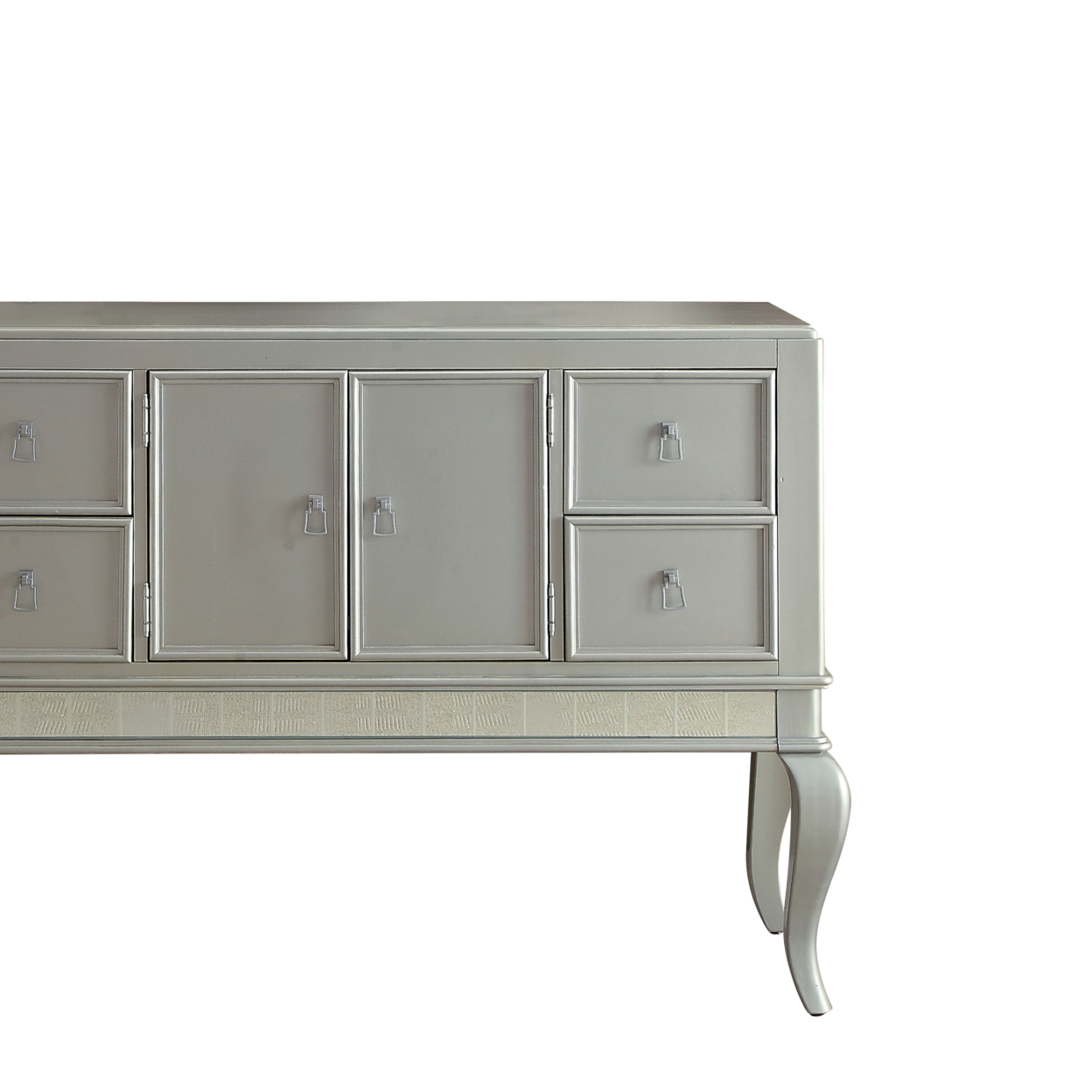 Wooden Server With Four Drawers And Mirror Accents, Champagne Silver- Saltoro Sherpi