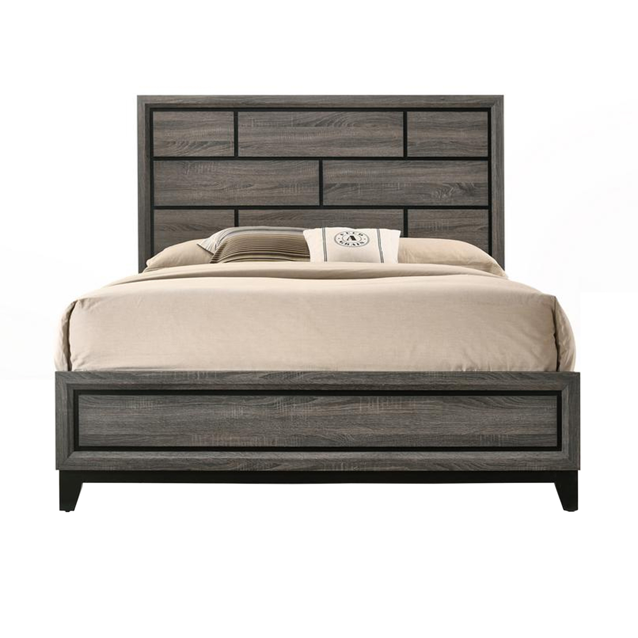 Transitional Style Wooden Queen Size Bed With Brick Elements Panel Headboard, Gray- Saltoro Sherpi