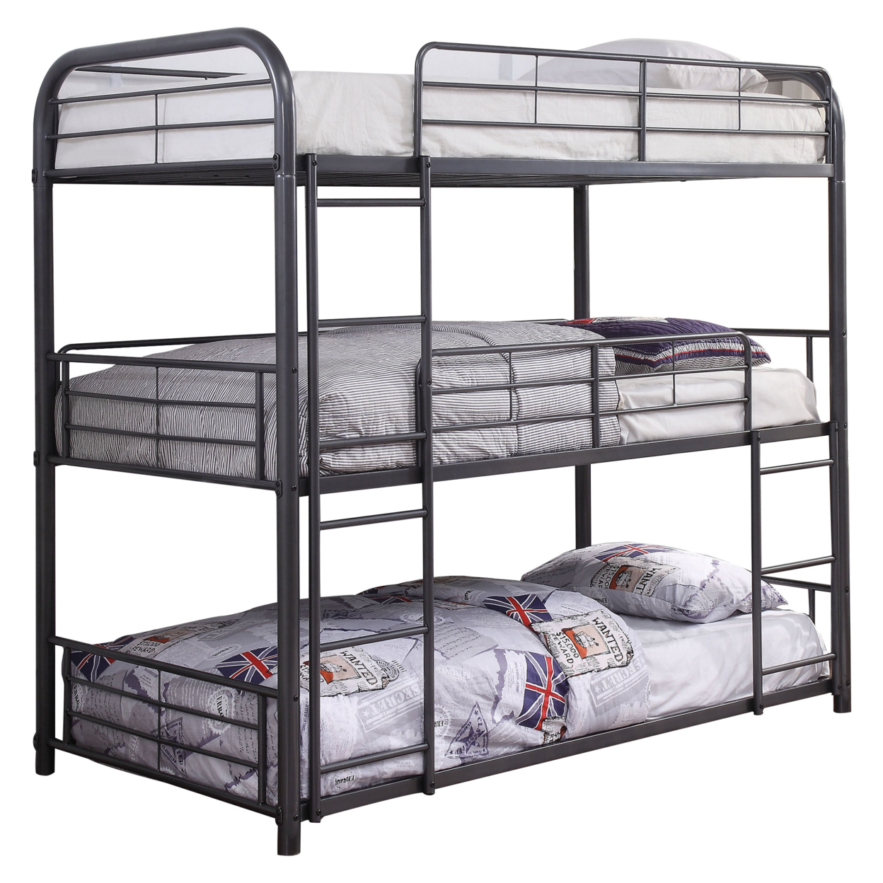 Metal Triple Twin Over Twin Size Bunk Bed With Built-In Ladders, Gray- Saltoro Sherpi