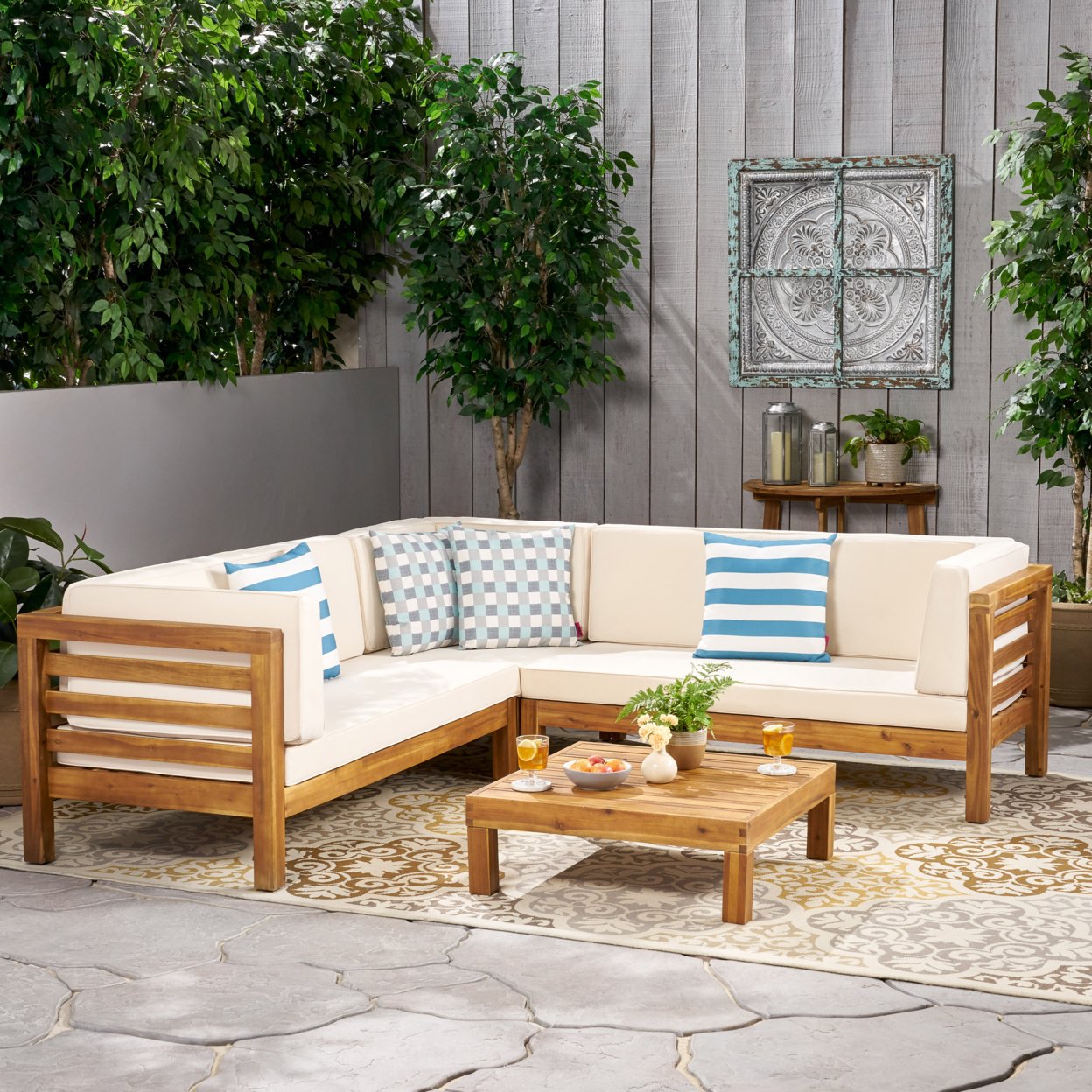 Ravello 4 Piece Outdoor Wooden Sectional Set With Dark Grey Cushions - Beige, Natural