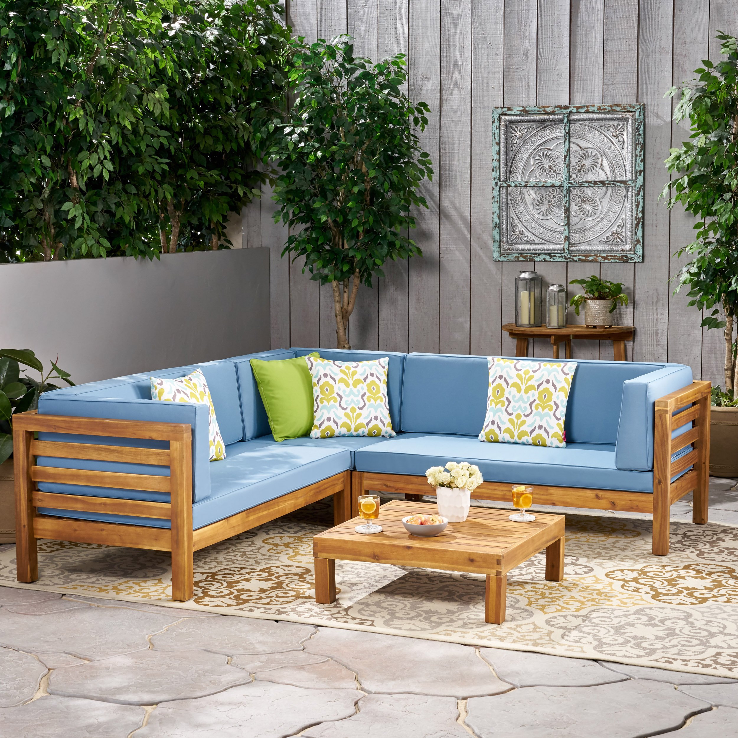 Ravello 4 Piece Outdoor Wooden Sectional Set With Dark Grey Cushions - Blue, Natural