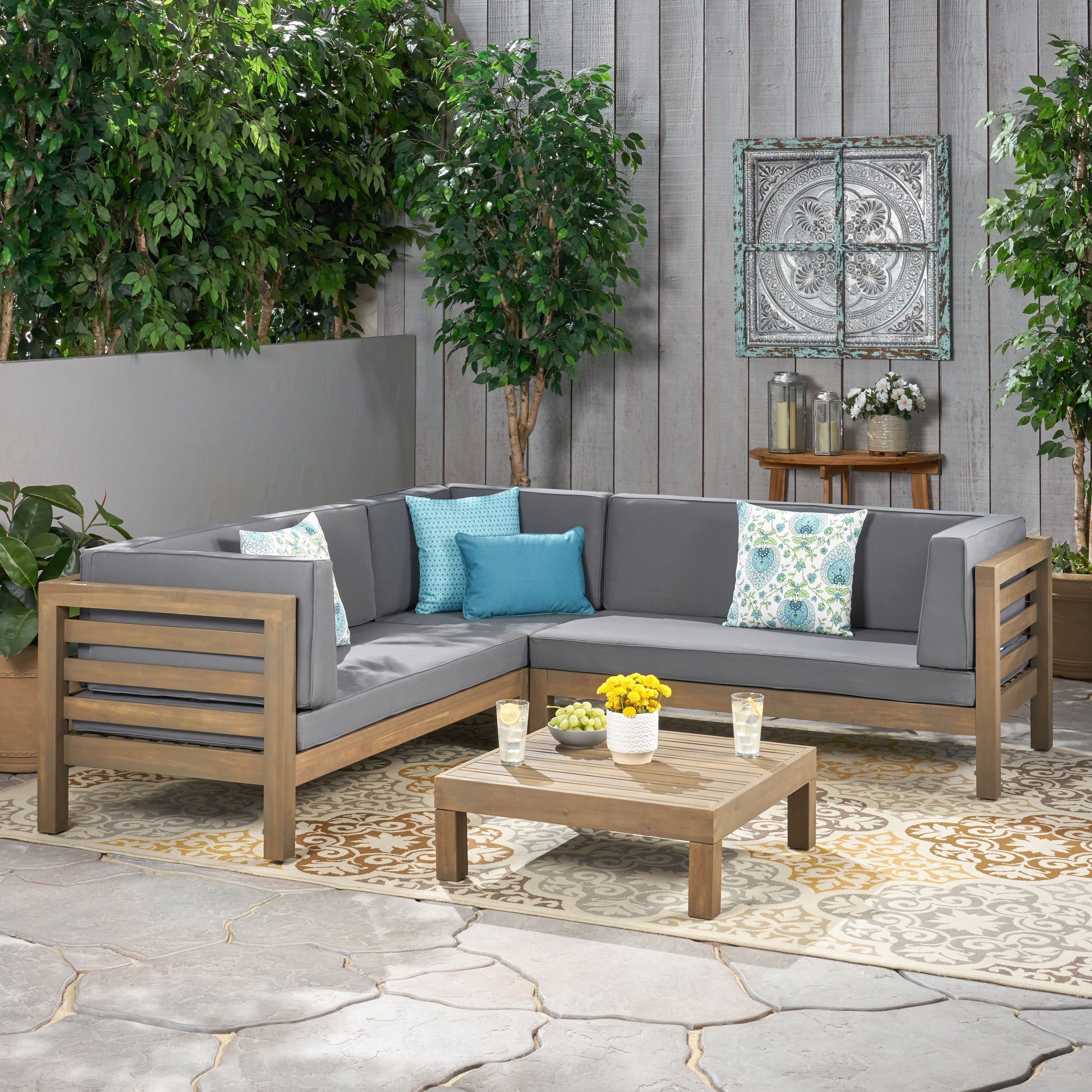 Ravello 4 Piece Outdoor Wooden Sectional Set With Dark Grey Cushions - Gray, Gray