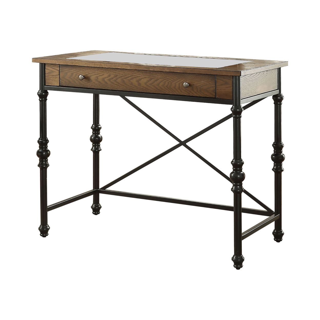 Wood And Metal Counter Height Table With One Large Drawer, Walnut & Black- Saltoro Sherpi