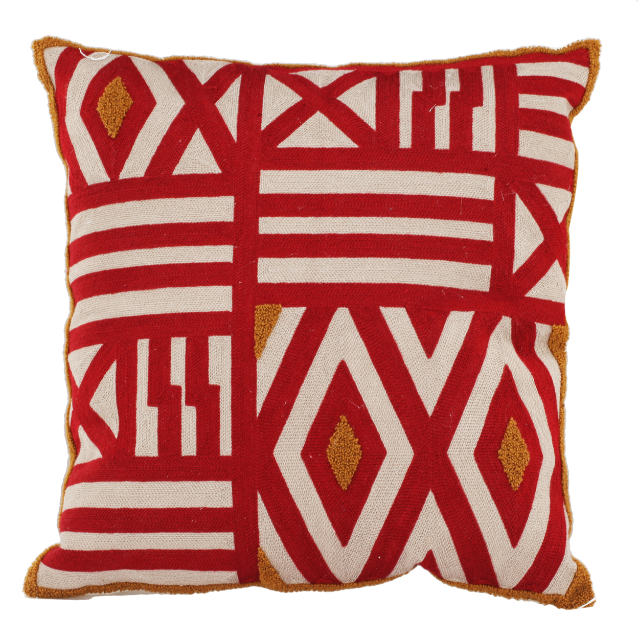18 X 18 Inch Geometric Embroidered Feather Filled Pillow, Set Of 2,White And Red- Saltoro Sherpi