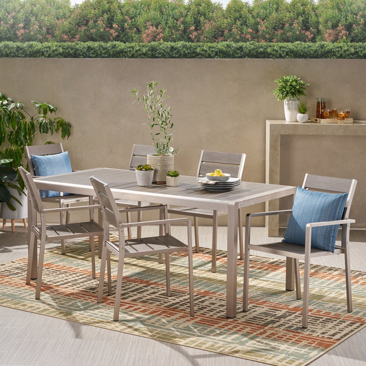 Martina Outdoor Modern Aluminum And Faux Wood 6 Seater Dining Set - Gray + Silver