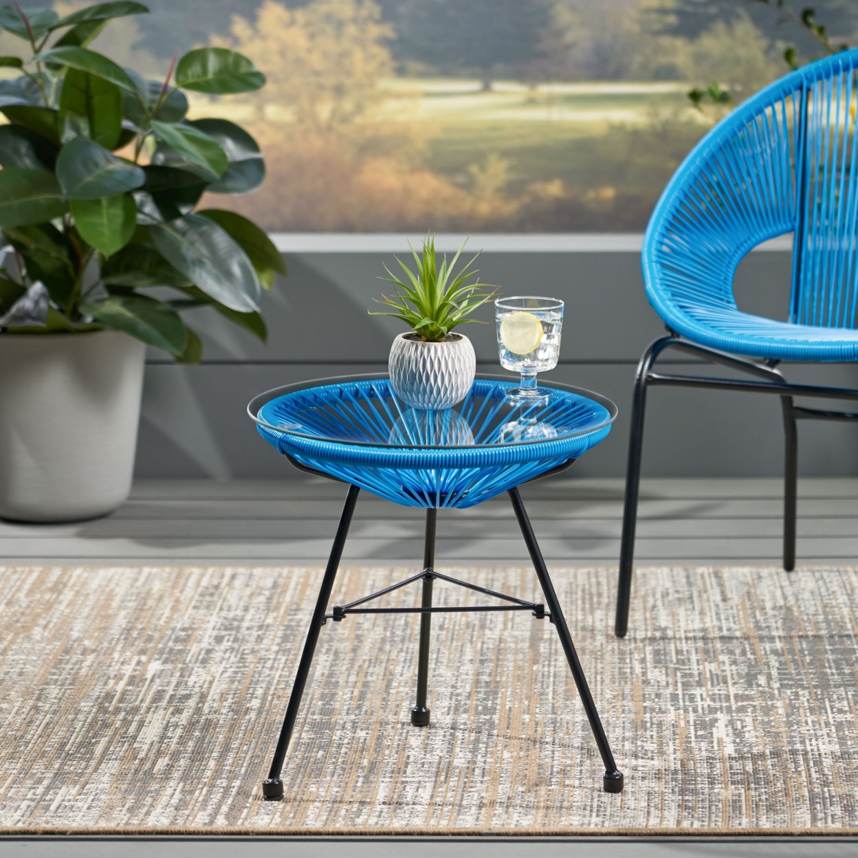 Christina Outdoor Modern Faux Rattan Side Table With Tempered Glass Top - Blue + Black
