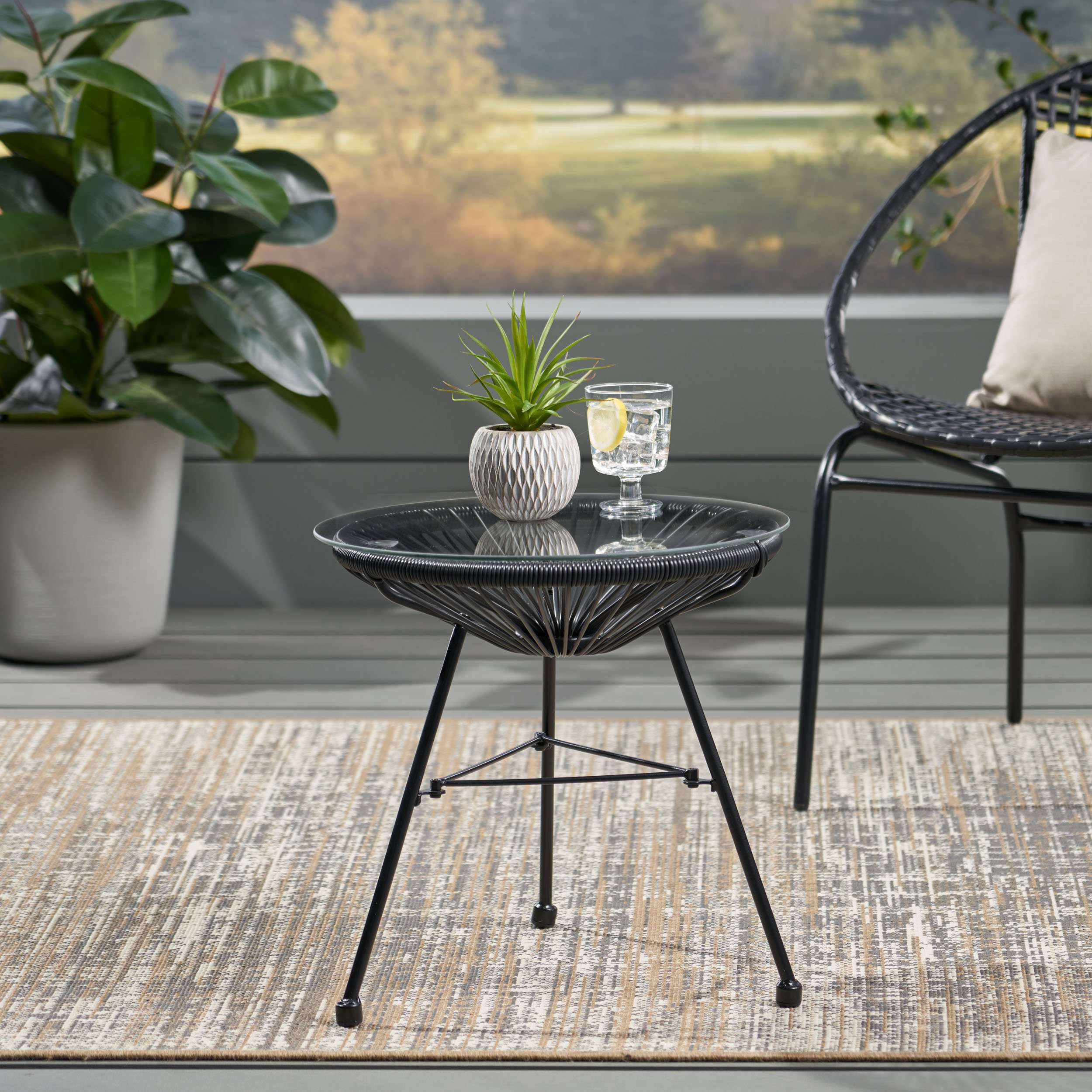 Christina Outdoor Modern Faux Rattan Side Table With Tempered Glass Top - Black