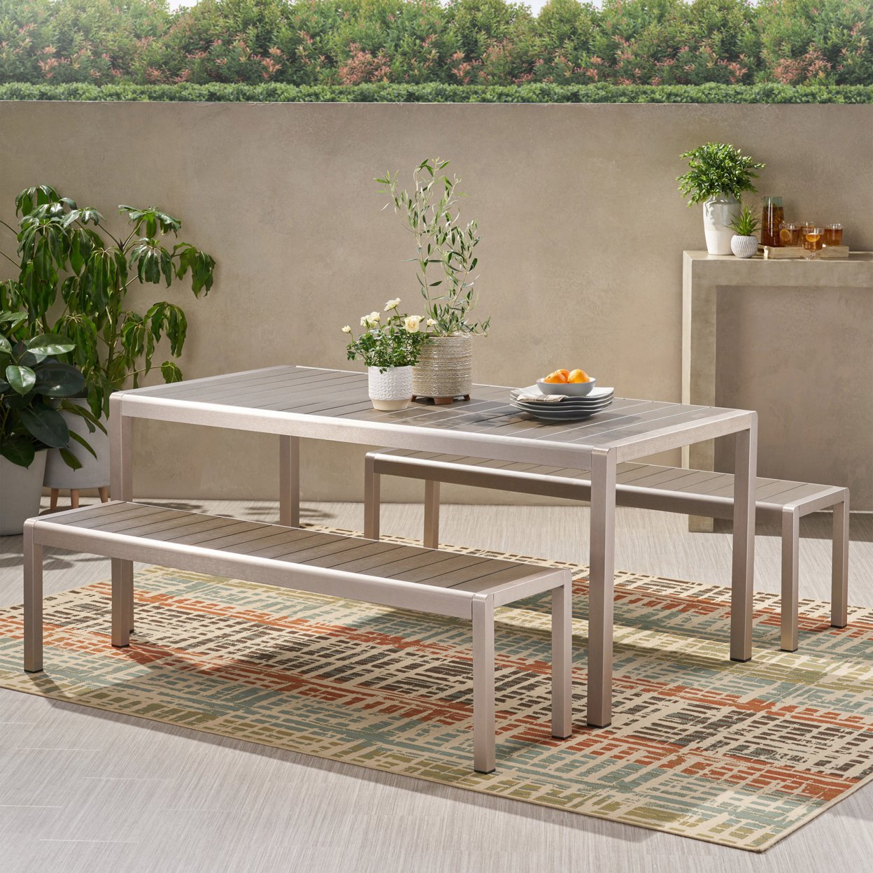 Odelette Outdoor Modern Aluminum Picnic Dining Set With Dining Benches - Gray + Silver