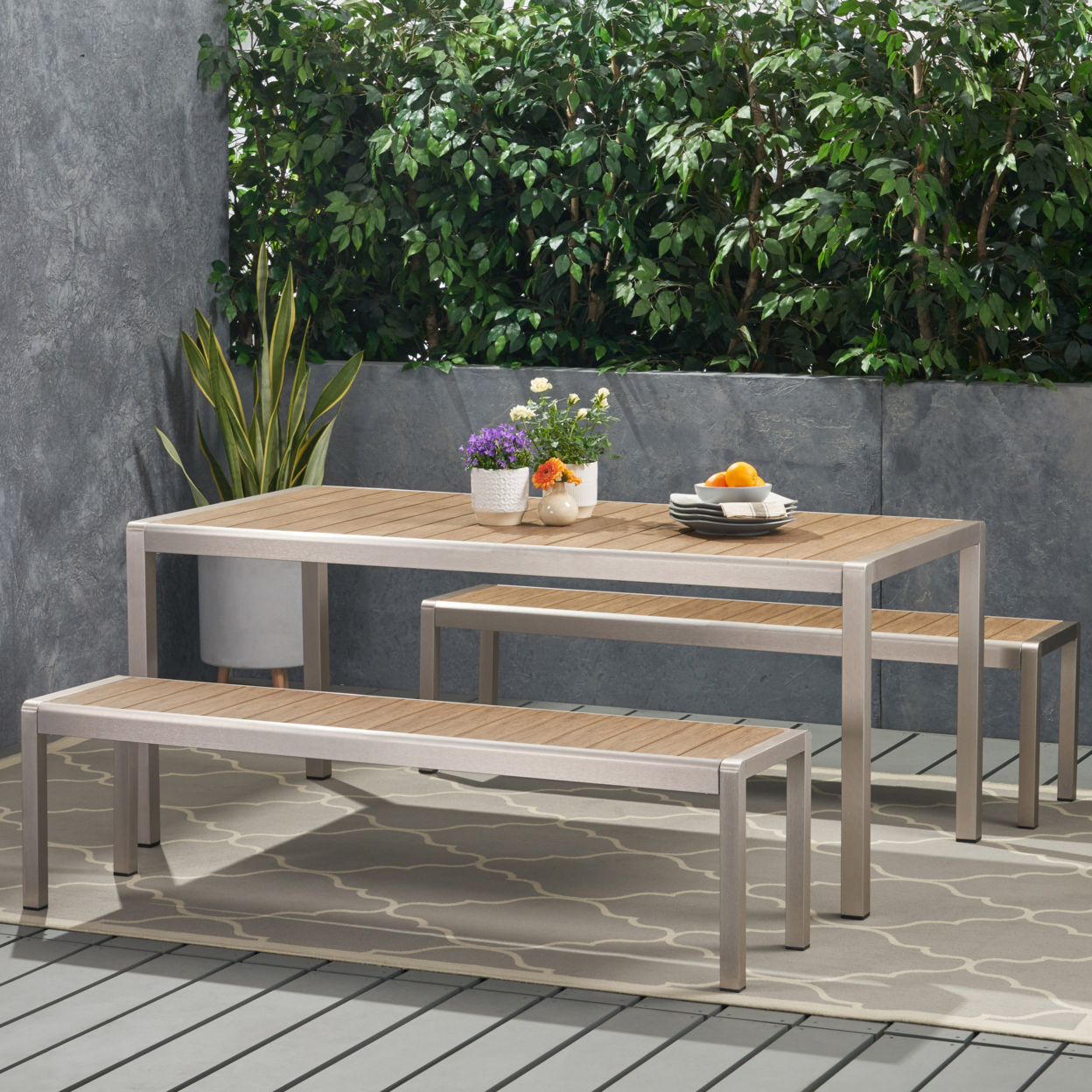 Odelette Outdoor Modern Aluminum Picnic Dining Set With Dining Benches - Natural Finish + Silver