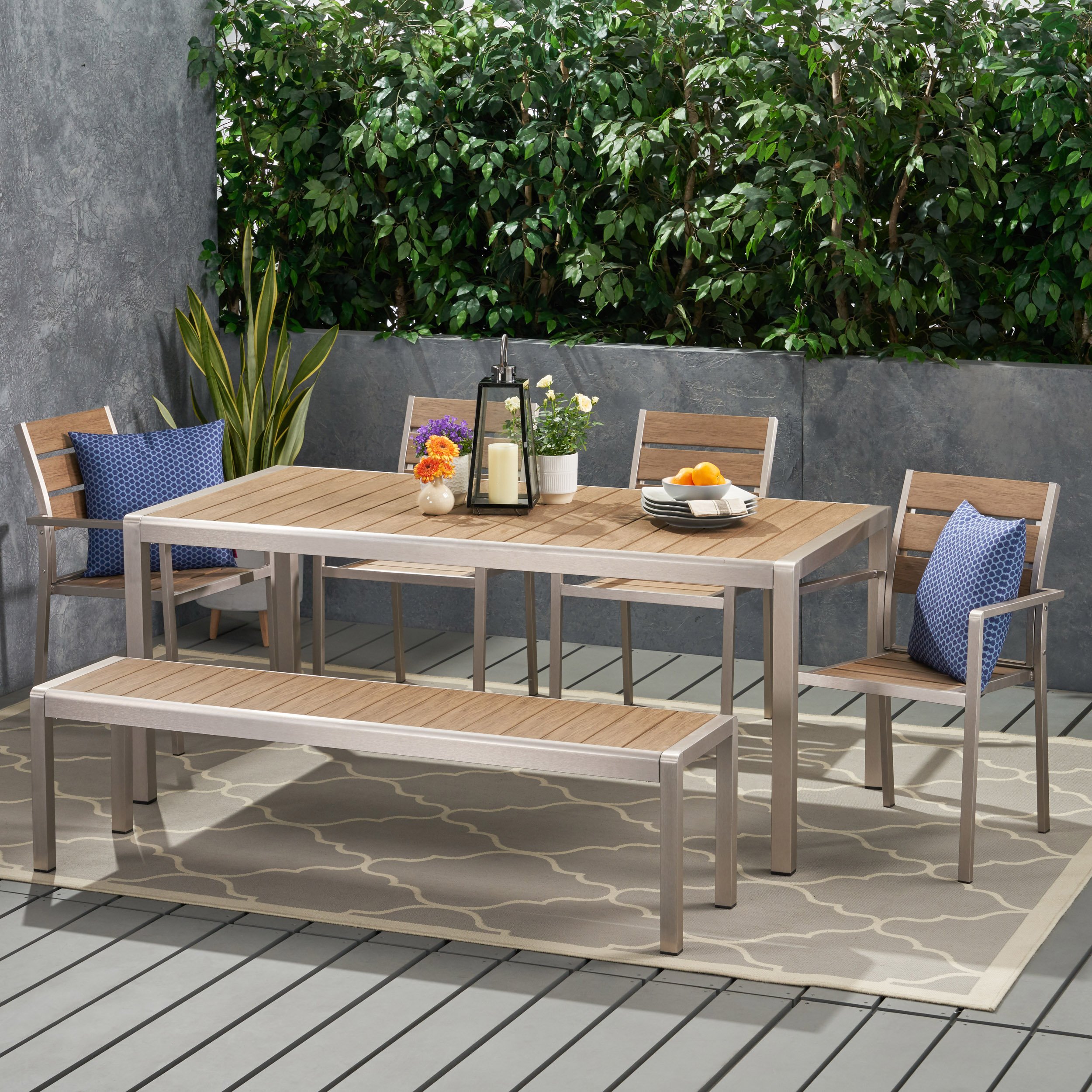 Tess Outdoor Modern Aluminum 6 Seater Dining Set With Dining Bench - Natural Finish + Silver