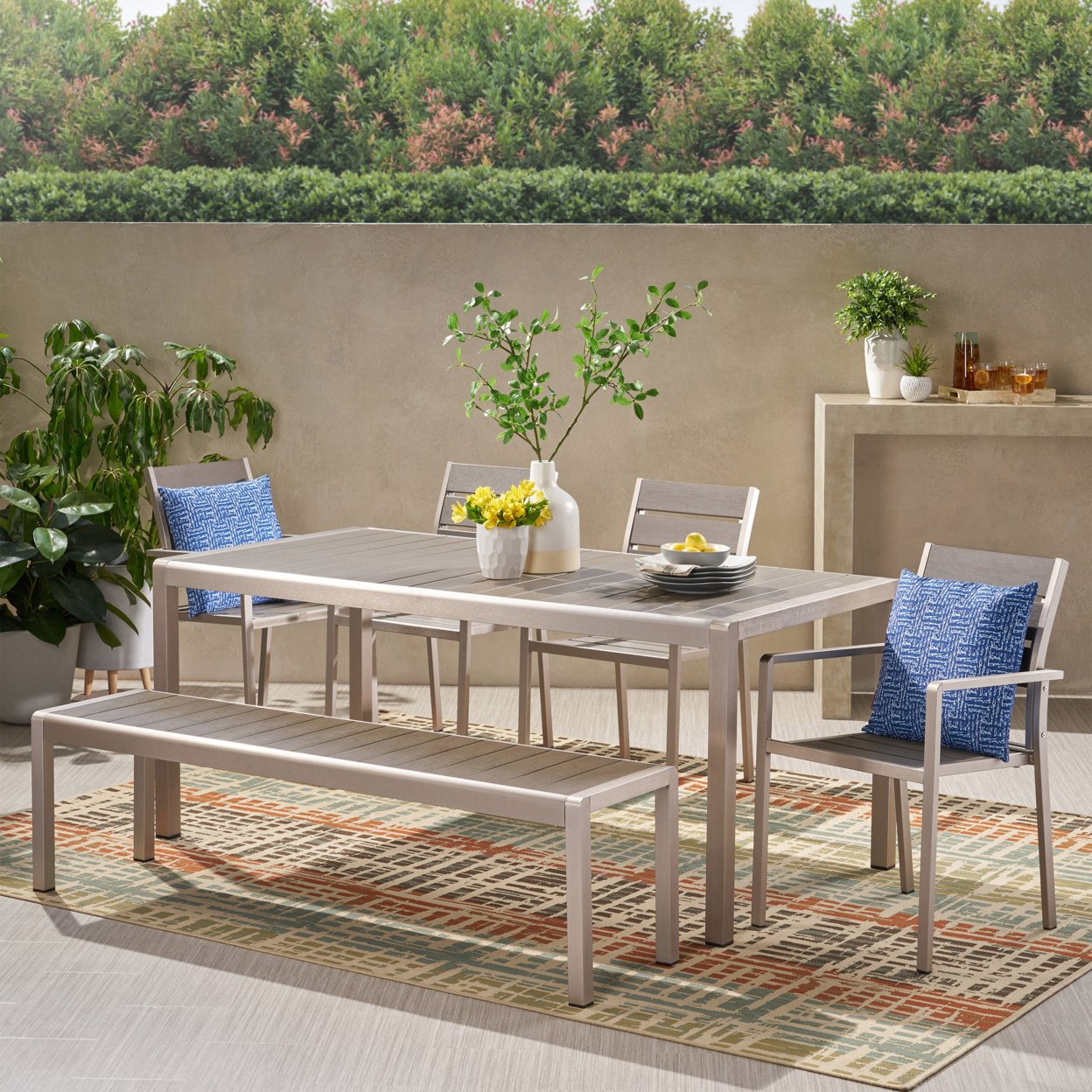 Tess Outdoor Modern Aluminum 6 Seater Dining Set With Dining Bench - Gray + Silver