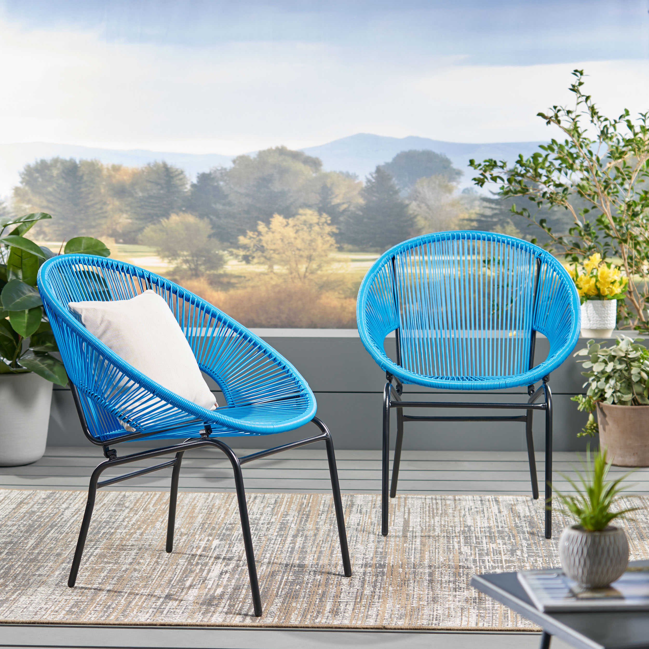Irene Outdoor Modern Faux Rattan Club Chair (Set Of 2) - Blue + Black
