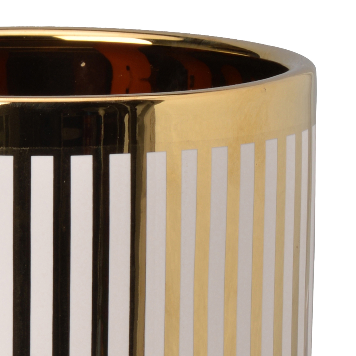 Ceramic Cylindrical Planter With Strips Pattern, White And Gold- Saltoro Sherpi