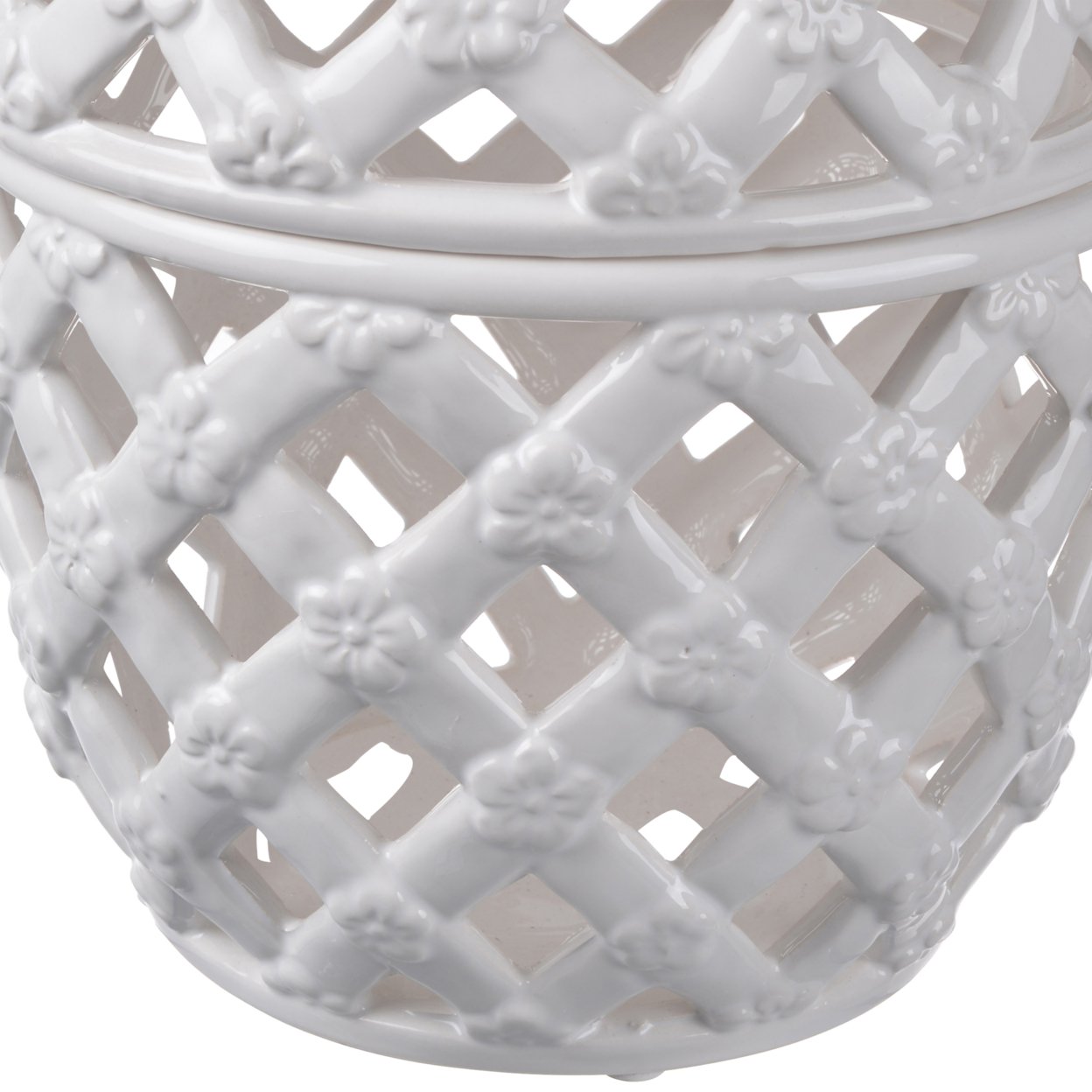 Decorative Ceramic Lidded Jar With Cut Out Texture, Large, White- Saltoro Sherpi