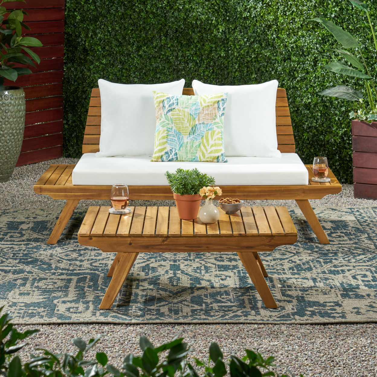Enid Outdoor 2 Seater Acacia Wood Loveseat And Coffee Table Set - Teak + White