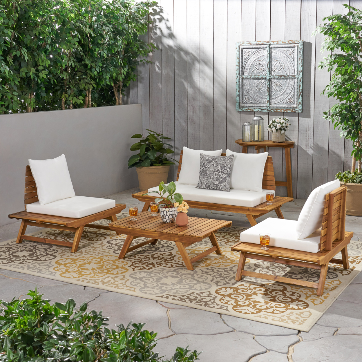 Lucy Outdoor Acacia Wood 4 Seater Chat Set - Teak + White