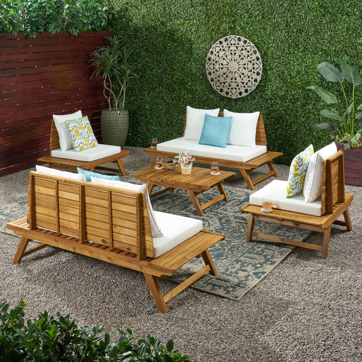 Hedy Outdoor Acacia Wood 6 Seater Chat Set - Teak + White