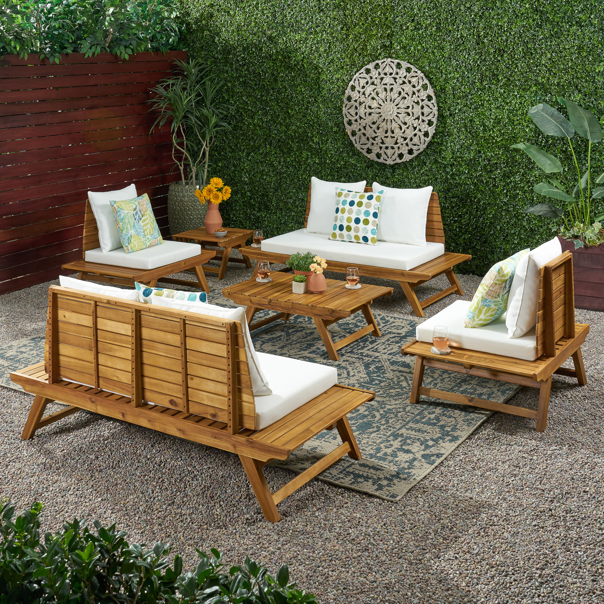 Jennifer Outdoor Acacia Wood 6 Seater Chat Set With Side Table And Coffee Table - Teak + White