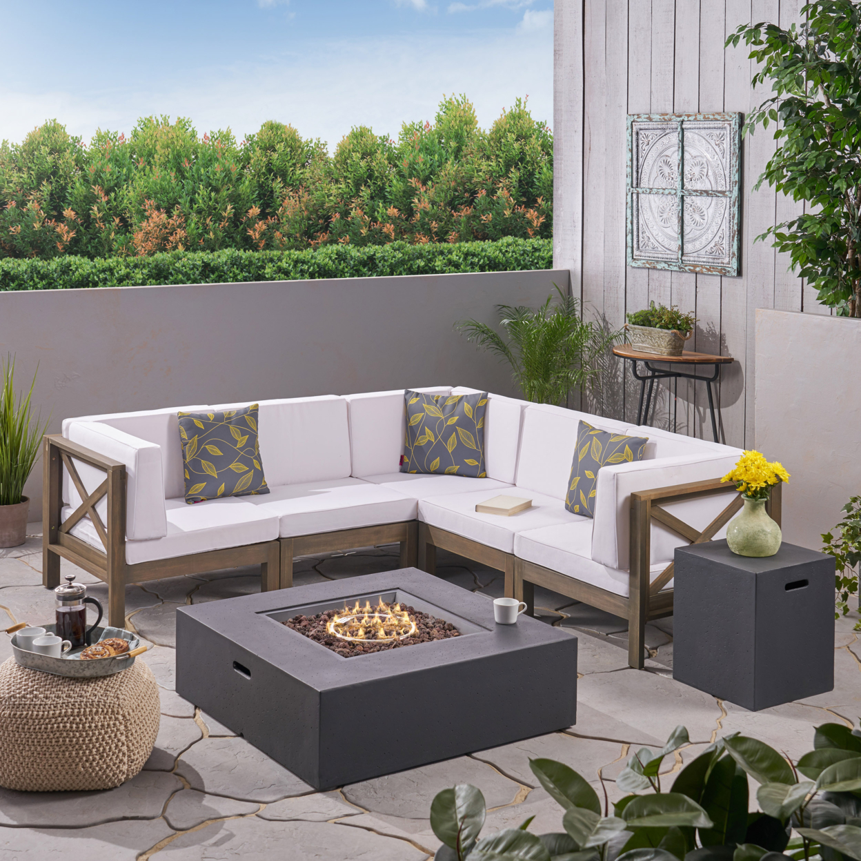 Cytheria Outdoor Acacia Wood 5 Seater Sectional Sofa Set With Fire Pit - White