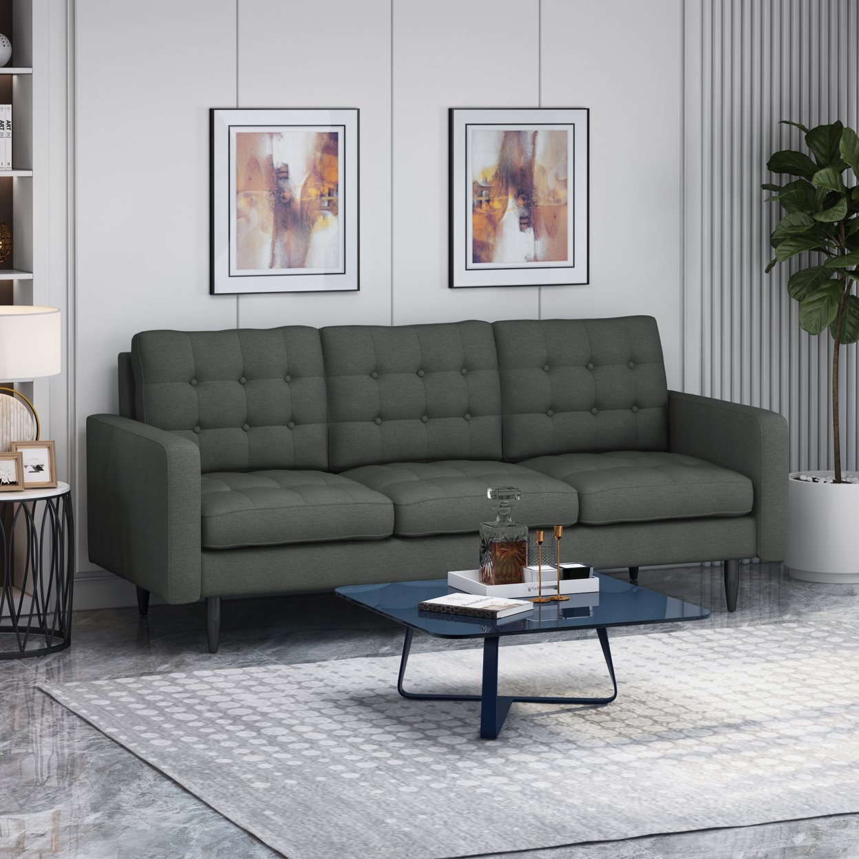 Jenny Contemporary Tufted Fabric 3 Seater Sofa - Dark Gray + Dark Brown