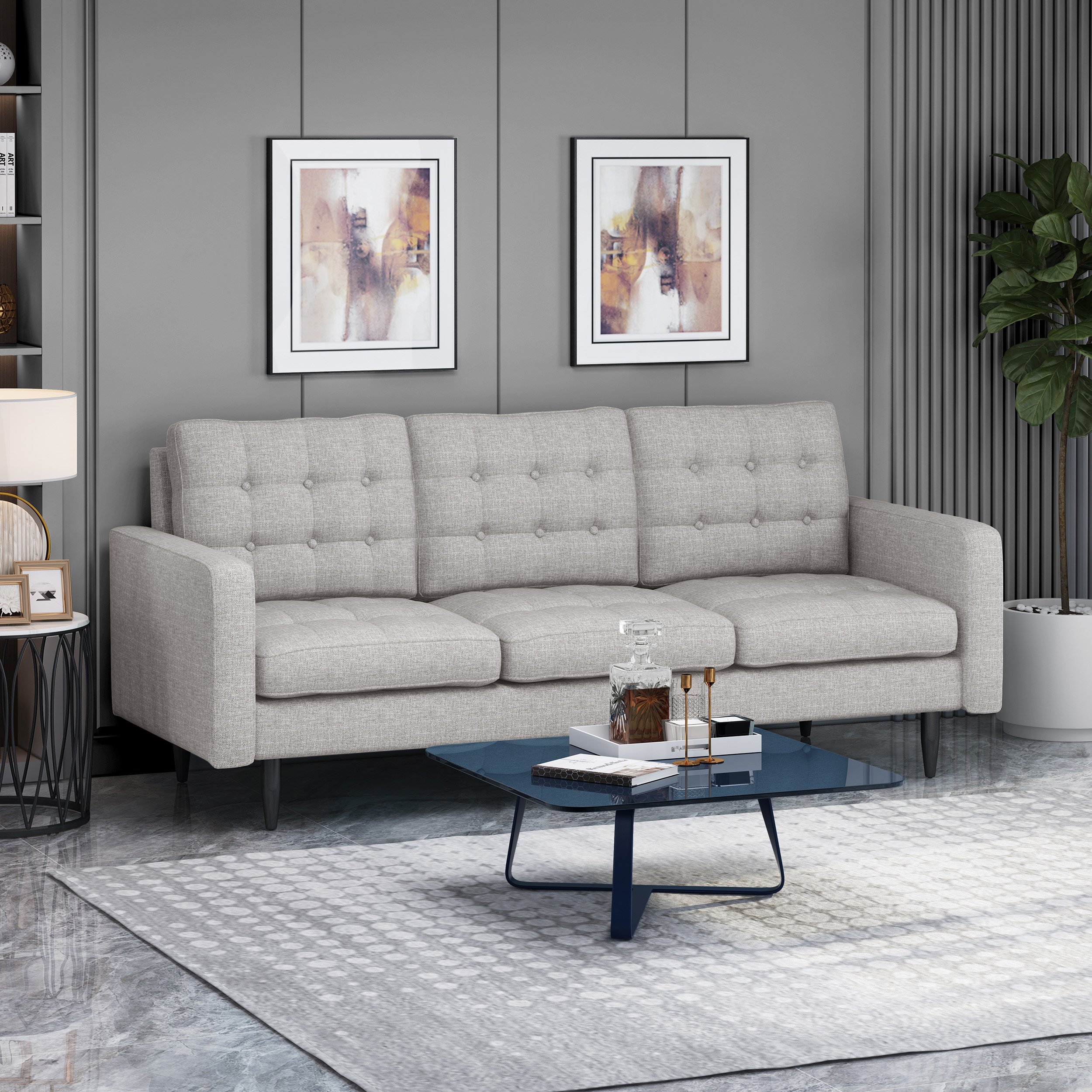 Jenny Contemporary Tufted Fabric 3 Seater Sofa - Light Gray + Dark Brown