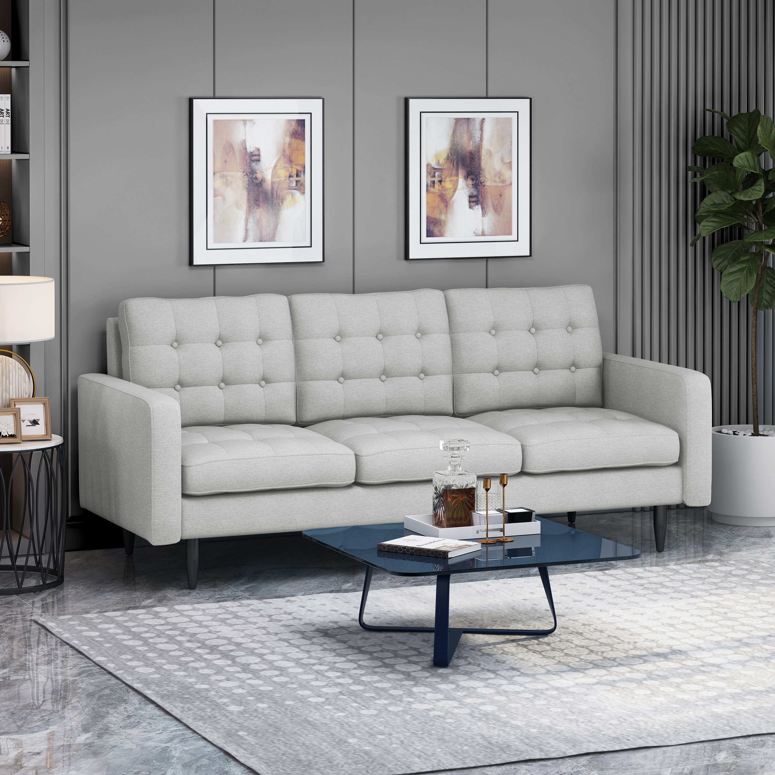 Jenny Contemporary Tufted Fabric 3 Seater Sofa - Light Gray + Dark Brown