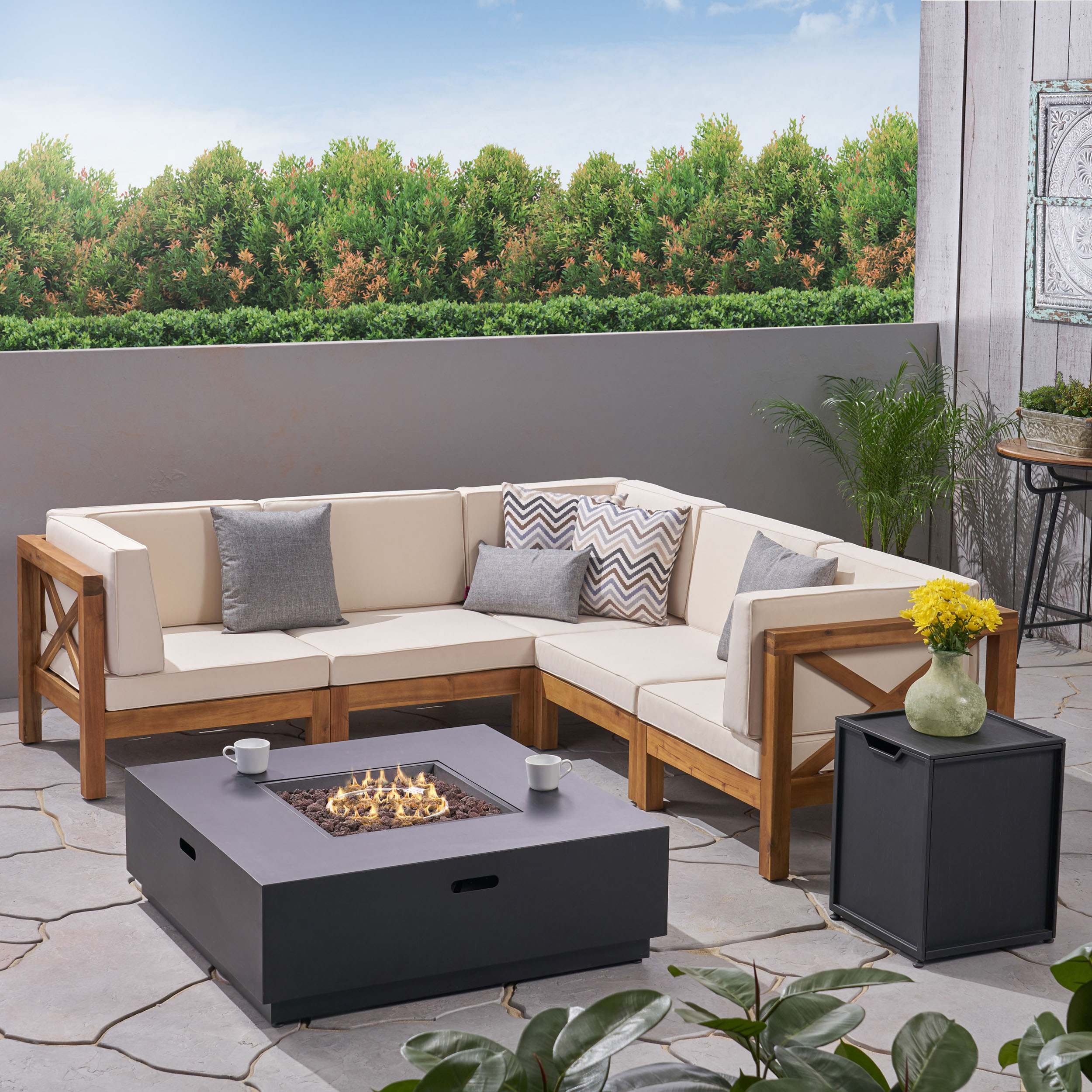 Gina Outdoor Acacia Wood 5 Seater Sectional Sofa Set With Fire Pit - Teak/Beige/Dark Gray
