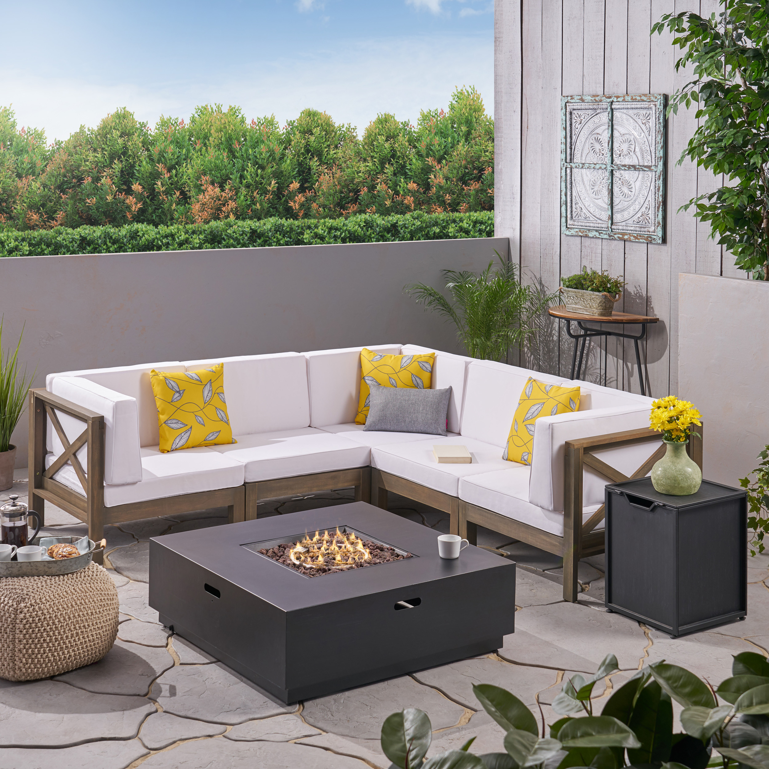 Gina Outdoor Acacia Wood 5 Seater Sectional Sofa Set With Fire Pit - Gray/White/Dark Gray