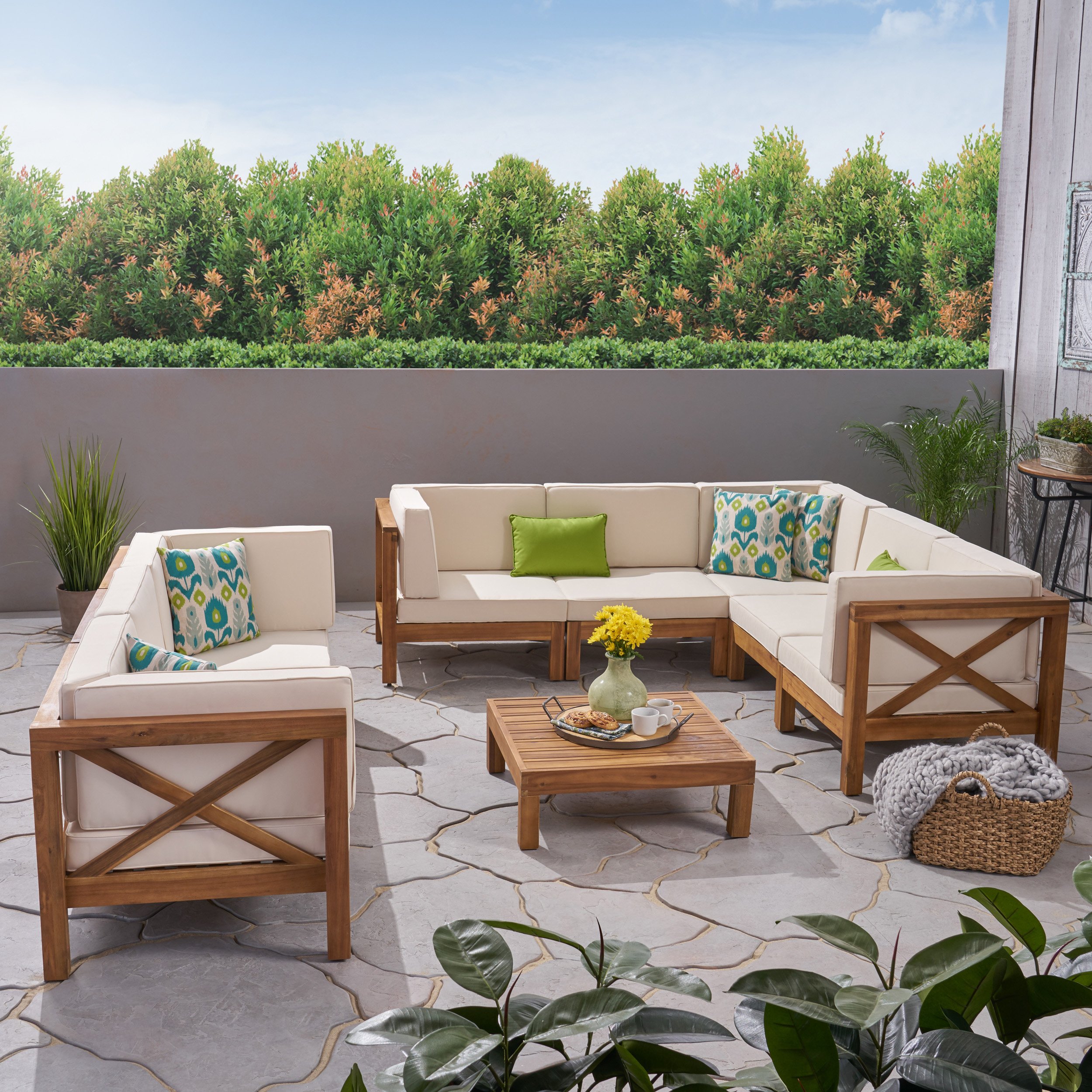 Cytheria Outdoor Acacia Wood 8 Seater Sectional Sofa Set With Coffee Table - Teak / Beige