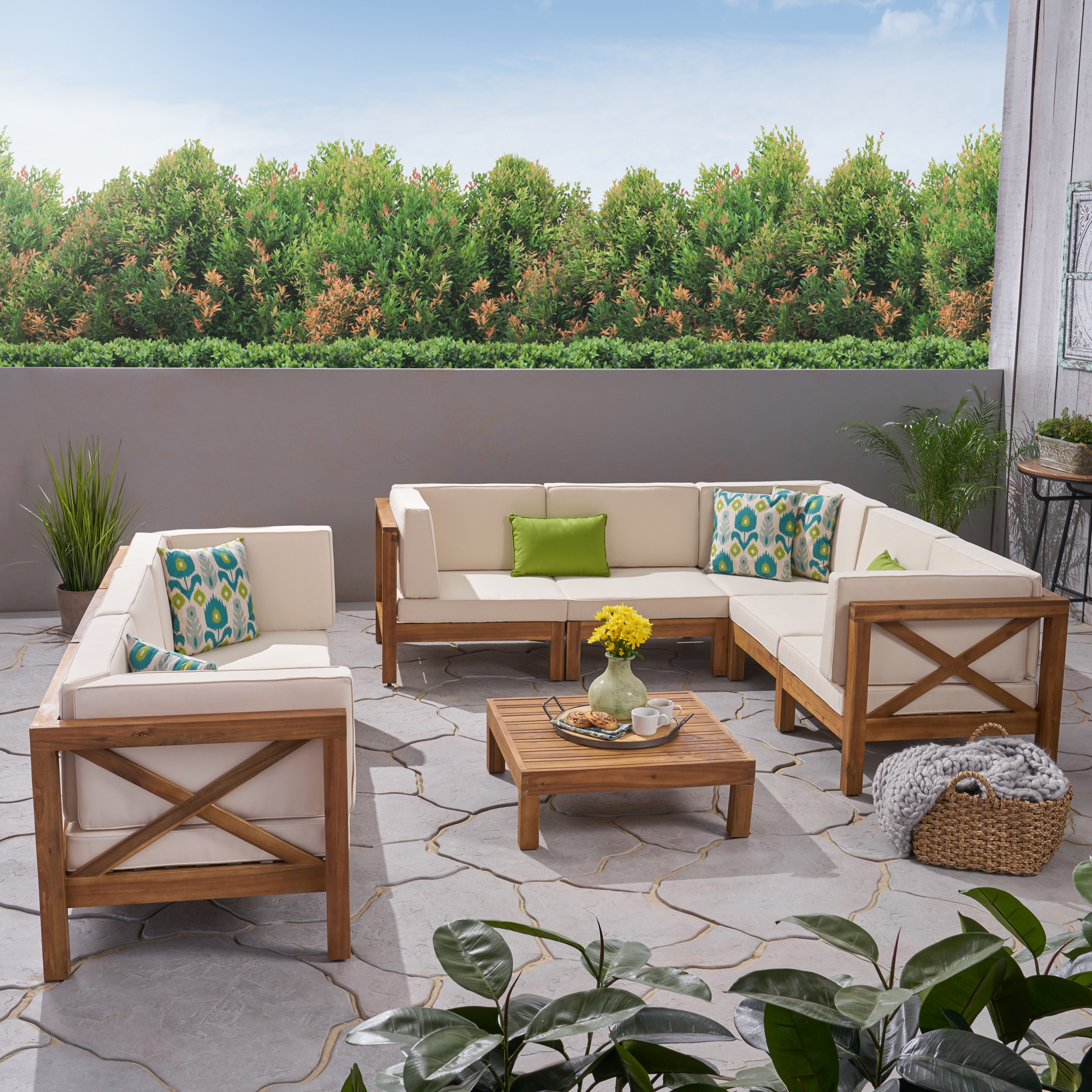 Cytheria Outdoor Acacia Wood 8 Seater Sectional Sofa Set With Coffee Table - Gray / Dark Gray