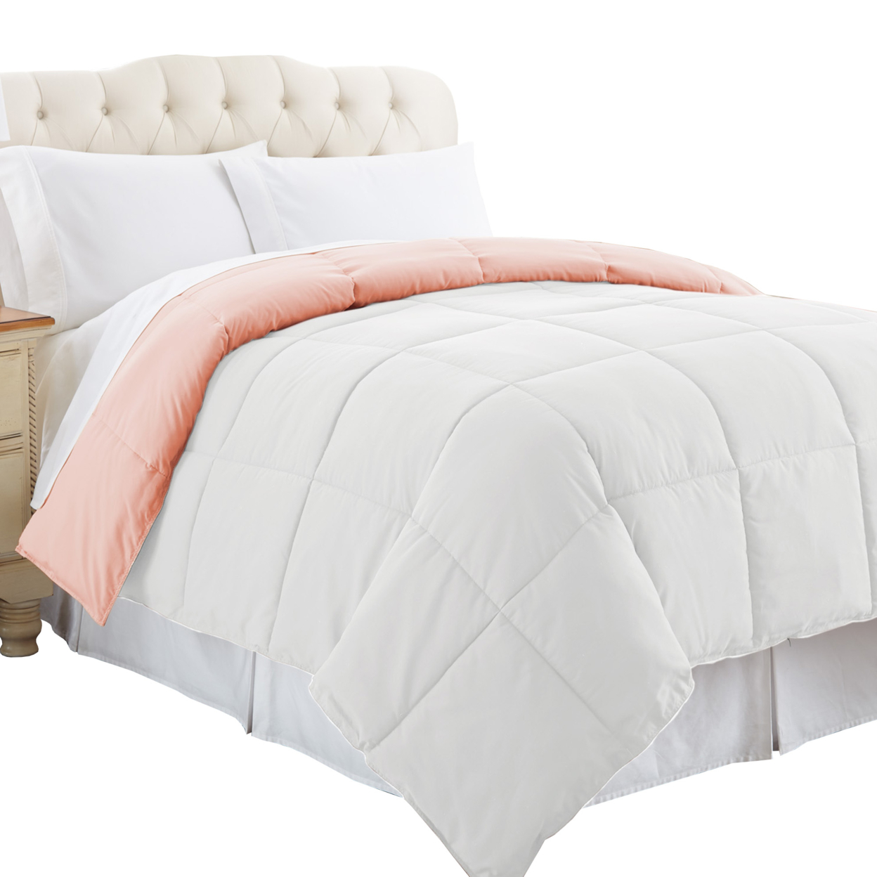 Genoa Queen Size Box Quilted Reversible Comforter The Urban Port, White And Pink- Saltoro Sherpi