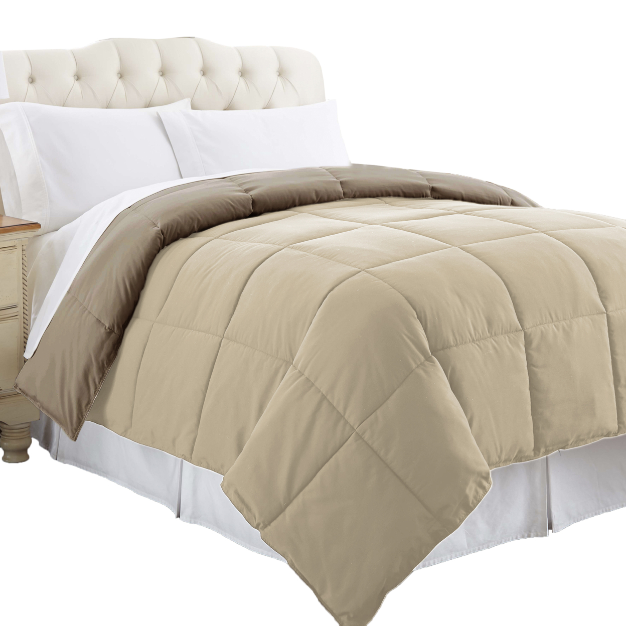 Genoa King Size Box Quilted Reversible Comforter The Urban Port, Brown And Gold- Saltoro Sherpi