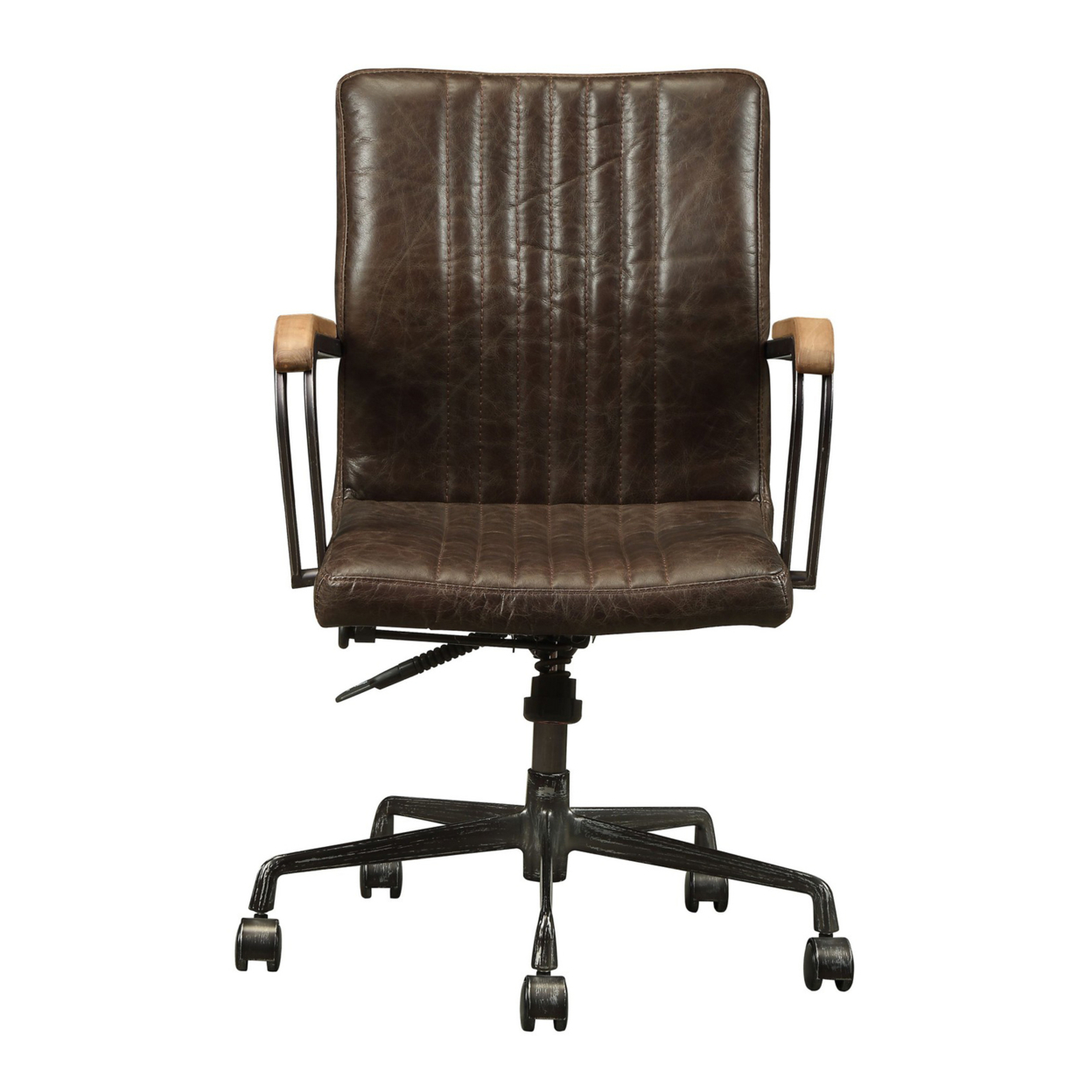 Leatherette Upholstered Metal Swivel Executive Chair With Curved Wooden Armrest, Brown And Black- Saltoro Sherpi