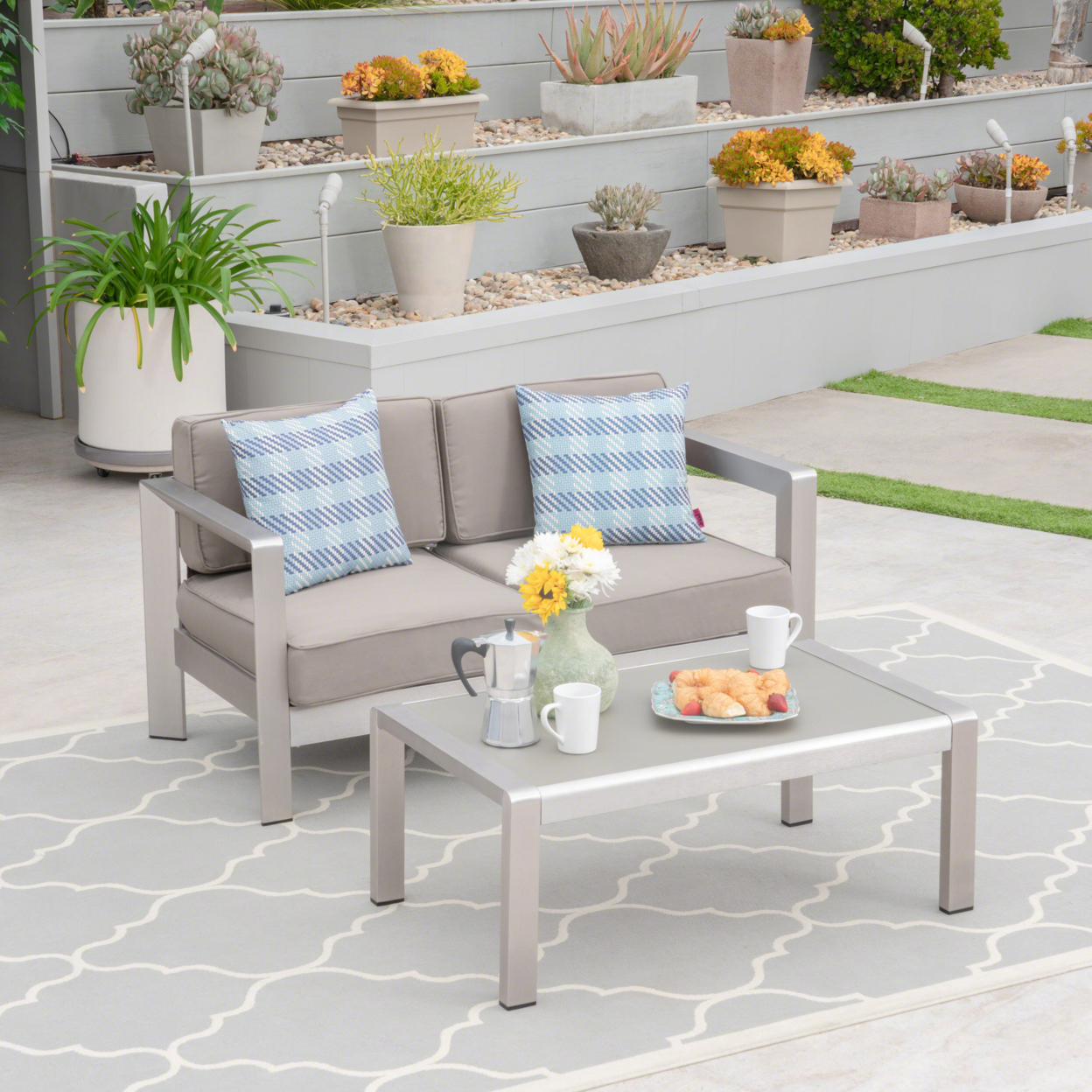 Alec Outdoor Aluminum Loveseat And Tempered Glass-Topped Coffee Table - Silver + Khaki