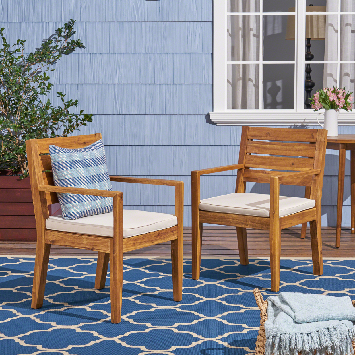 Arely Outdoor Acacia Wood Dining Chairs(Set Of 2) - Sandblast Natural Finish + Cream