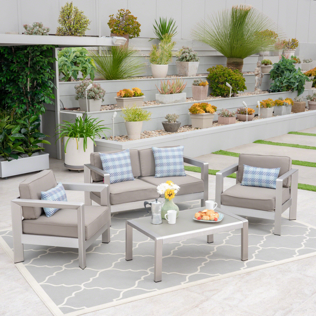 Kenia Outdoor 4-Seater Aluminum Chat Set With Tempered Glass-Topped Coffee Table - Silver + Khaki