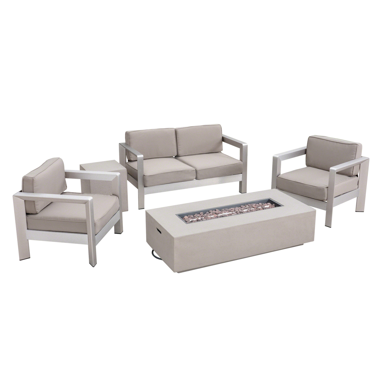 Alec Outdoor 4-Seater Aluminum Chat Set With Fire Pit And Tank Holder - Silver + Khaki + Light Gray