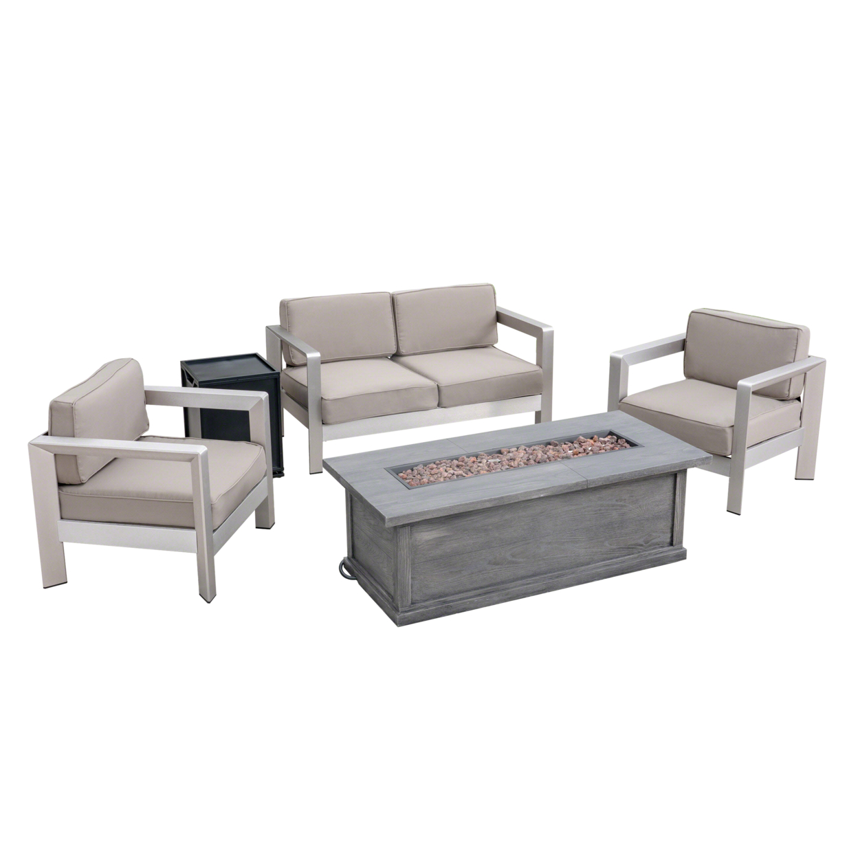 Kenny Outdoor 4-Seater Aluminum Chat Set With Fire Pit And Tank Holder - Silver + Khaki + Brown + Black