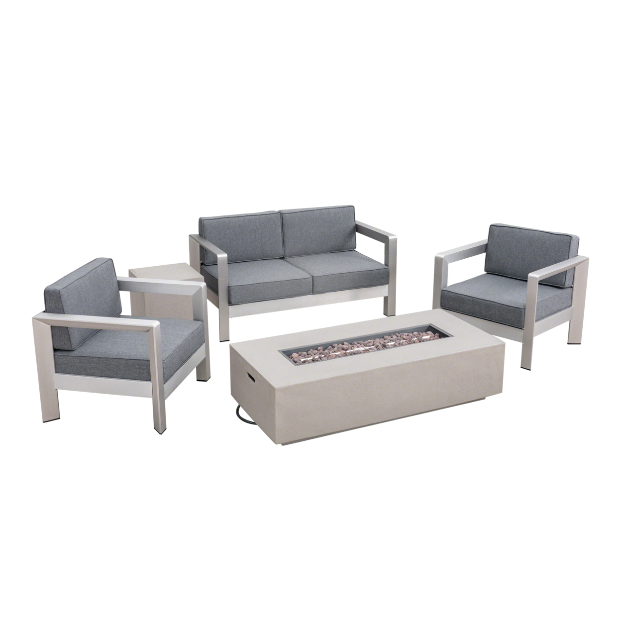Pony Outdoor 4-Seater Aluminum Chat Set With Fire Pit And Tank Holder - Silver + Dark Gray + Light Gray