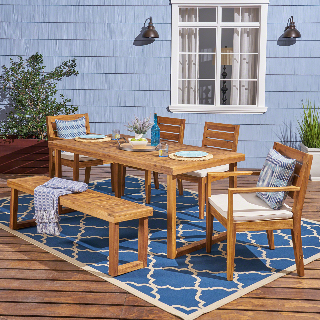 Alice Outdoor 6-Seater Acacia Wood Dining Set With Bench - Sandblast Natural Stained + Cream